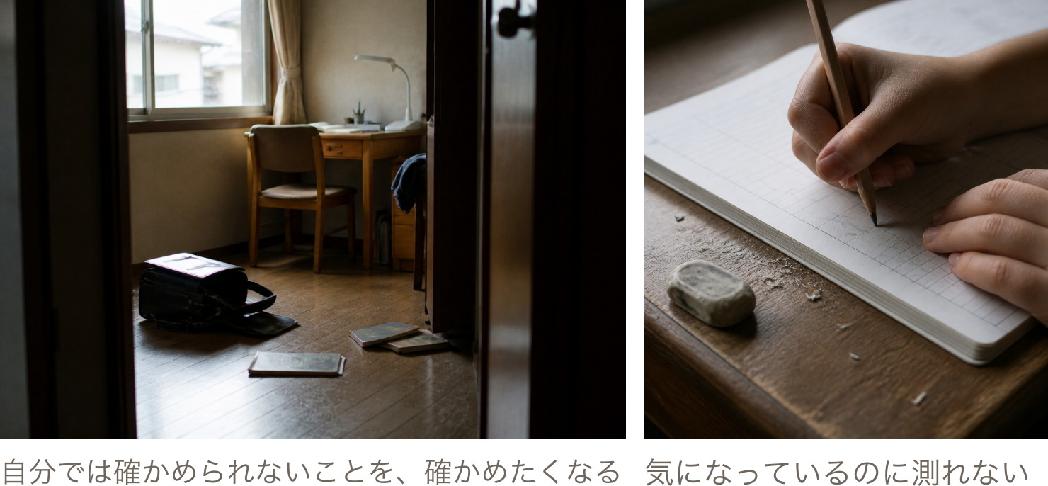 子ども部屋の学習机と、ノートに書く手元