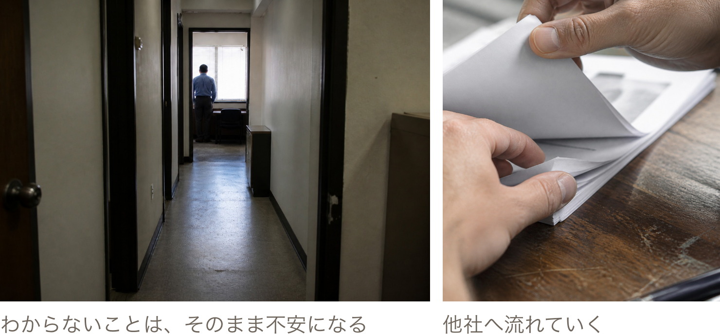 面接に使う会議室と、書類をめくる手元