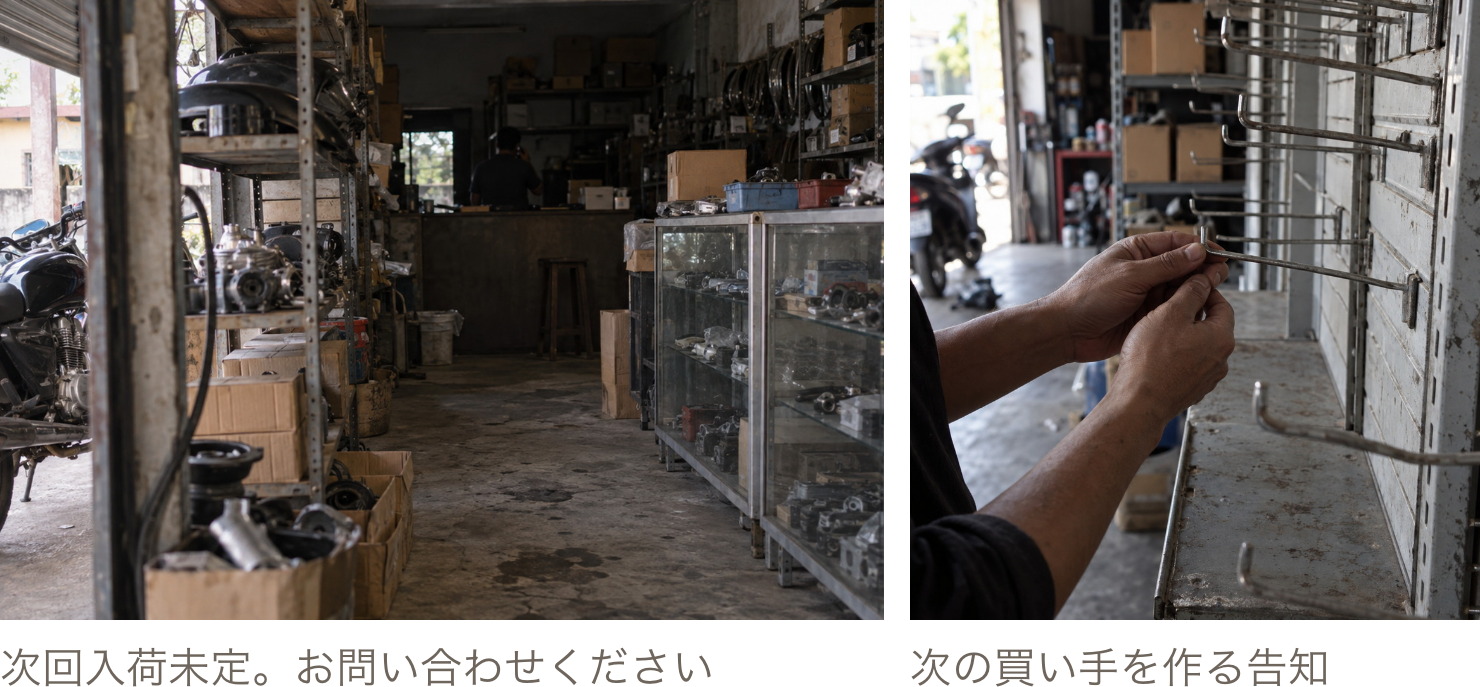 バイクパーツショップの棚と、ヘルメットに触れる手元