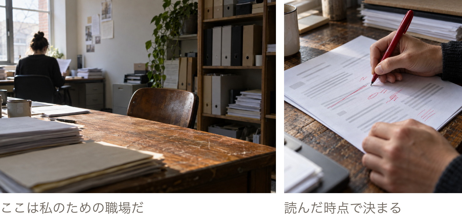 教室の机と、答案に書き込む手元