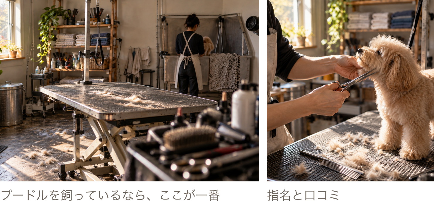 トリミング台の上のプードルと、ハサミを持つ手元