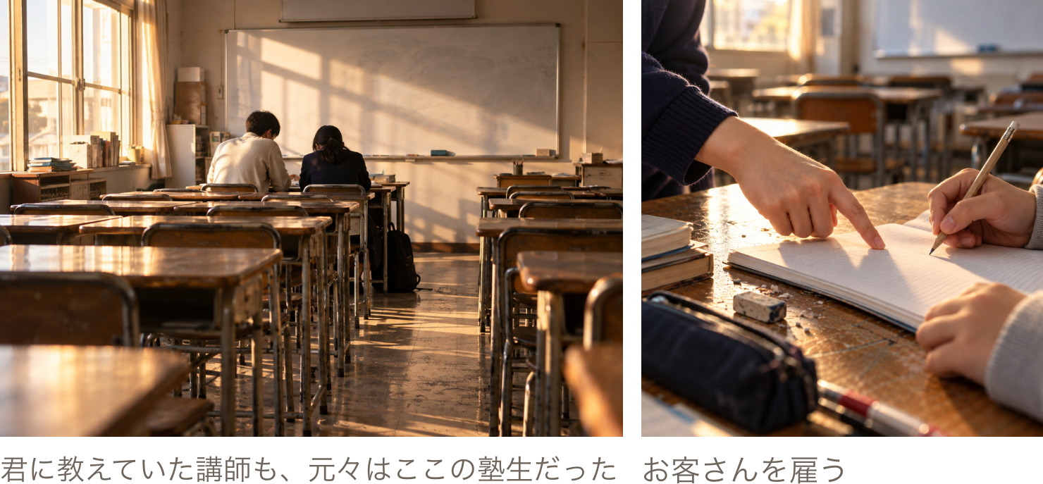 教室の机と、手紙を書く手元