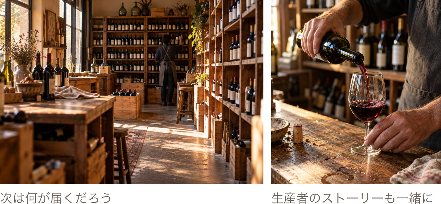 棚に並ぶワインボトルと、産地の情報を添えて箱に詰める手元