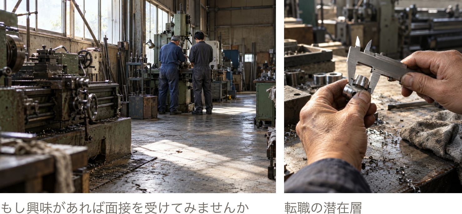 製造現場と美容室で、体験に来た人が実務に入る様子