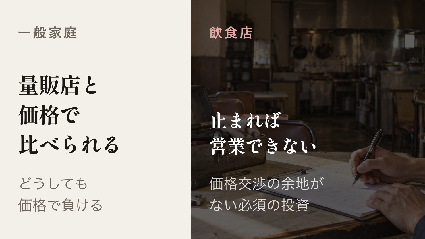 一般家庭を狙うと量販店との価格競争、飲食店を狙うと価格交渉の余地がない必須の投資