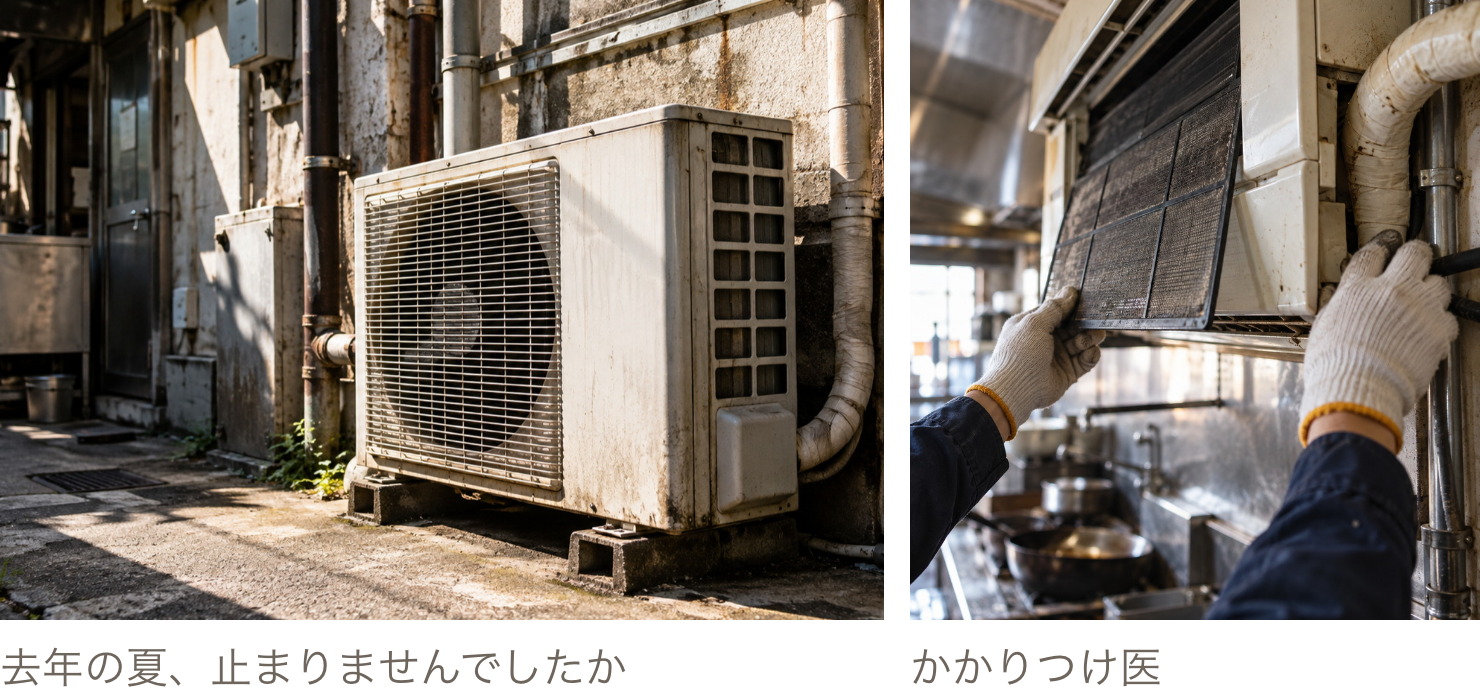 厨房の天井に付いたエアコンと、点検する手元